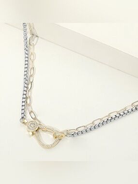 14K Gold Plated Two Tone CZ Pave Clasp Accent Layered Necklace